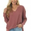 Hailey & Co Marsala Waffle Knit Top With Solid Trim Detail