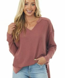 Hailey & Co Marsala Waffle Knit Top With Solid Trim Detail