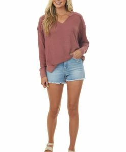 Hailey & Co Marsala Waffle Knit Top With Solid Trim Detail