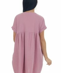 Charlotte Avery Mauve Babydoll V Neck Gauze Woven Pocket Dress 12 Charlotte Avery Mauve Babydoll V Neck Gauze Woven Pocket Dress