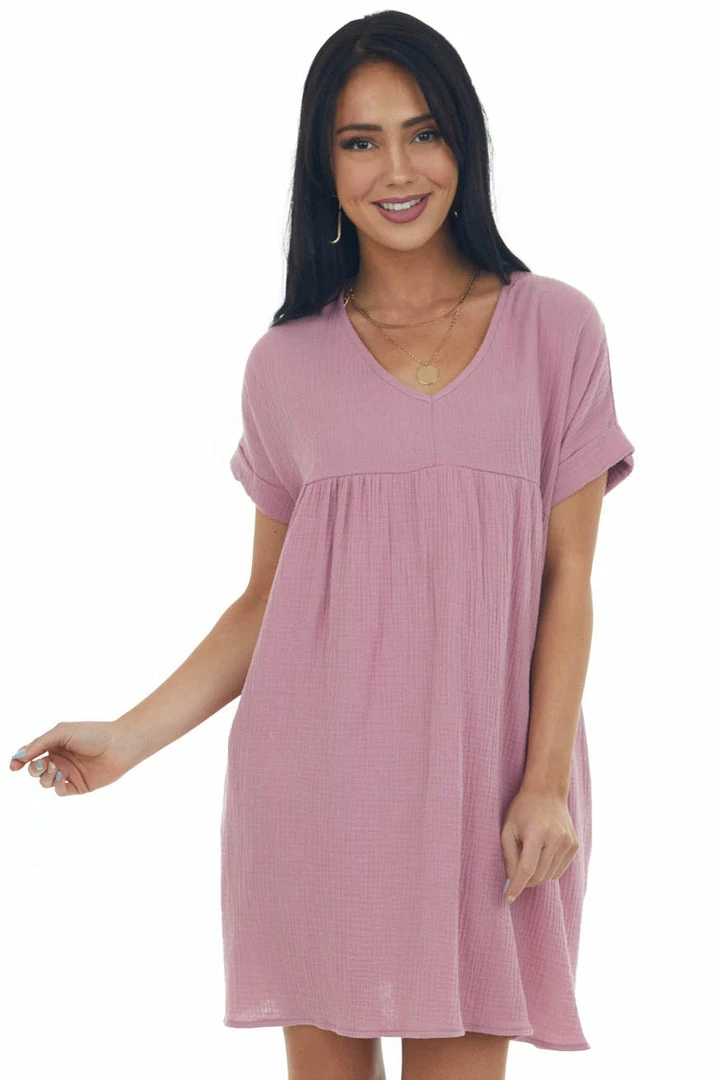 Charlotte Avery Mauve Babydoll V Neck Gauze Woven Pocket Dress 3 Charlotte Avery Mauve Babydoll V Neck Gauze Woven Pocket Dress