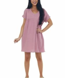 Charlotte Avery Mauve Babydoll V Neck Gauze Woven Pocket Dress 9 Charlotte Avery Mauve Babydoll V Neck Gauze Woven Pocket Dress
