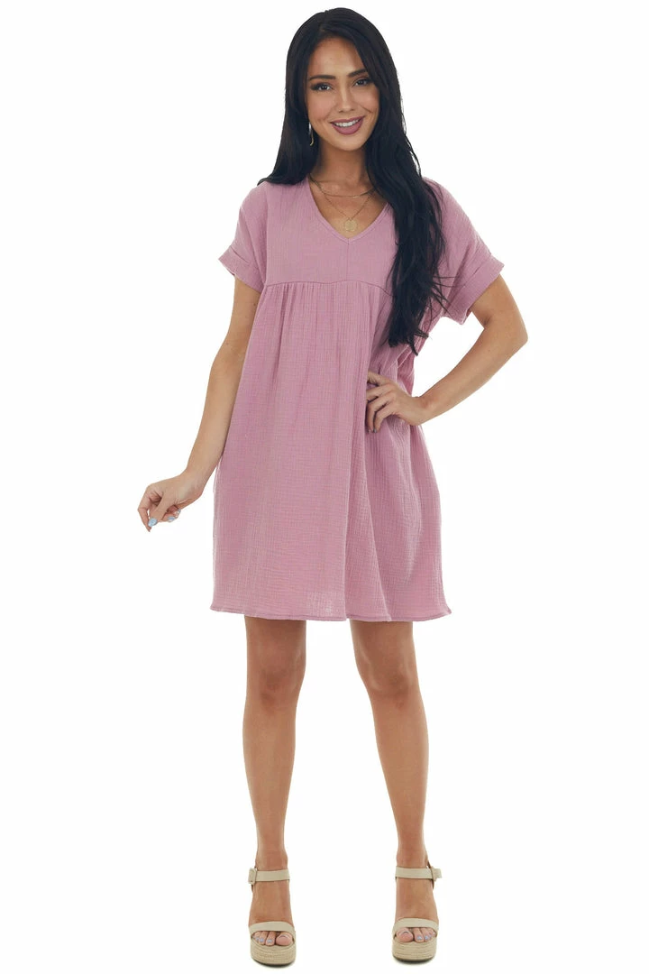 Charlotte Avery Mauve Babydoll V Neck Gauze Woven Pocket Dress 4 Charlotte Avery Mauve Babydoll V Neck Gauze Woven Pocket Dress