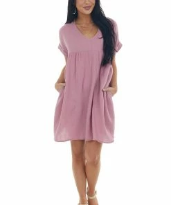 Charlotte Avery Mauve Babydoll V Neck Gauze Woven Pocket Dress 10 Charlotte Avery Mauve Babydoll V Neck Gauze Woven Pocket Dress