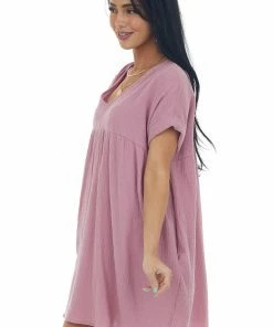 Charlotte Avery Mauve Babydoll V Neck Gauze Woven Pocket Dress 11 Charlotte Avery Mauve Babydoll V Neck Gauze Woven Pocket Dress