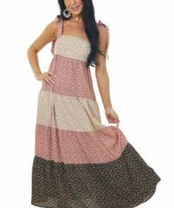 Lush Clothing Mauve Ditsy Floral Colorblock Tiered Maxi Dress Dresses