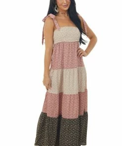 Lush Clothing Mauve Ditsy Floral Colorblock Tiered Maxi Dress Dresses 10 Lush Clothing Mauve Ditsy Floral Colorblock Tiered Maxi Dress Dresses