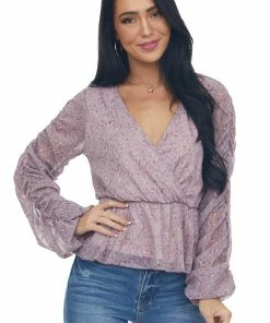 Peach Love Tops Mauve Floral Print Ruched Sleeve Peplum Blouse