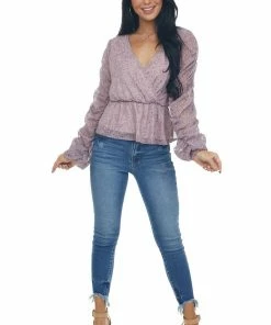 Peach Love Tops Mauve Floral Print Ruched Sleeve Peplum Blouse