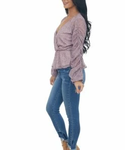 Peach Love Tops Mauve Floral Print Ruched Sleeve Peplum Blouse