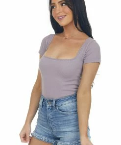 DYNAMIC Mauve Square Neck Soft Ribbed Knit Bodysuit Tops 11 DYNAMIC Mauve Square Neck Soft Ribbed Knit Bodysuit Tops