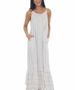 Cozy Co. Dresses Mauve Striped Maxi Dress With Side Pockets