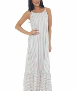 Cozy Co. Dresses Mauve Striped Maxi Dress With Side Pockets