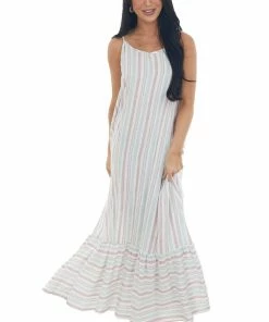 Cozy Co. Dresses Mauve Striped Maxi Dress With Side Pockets