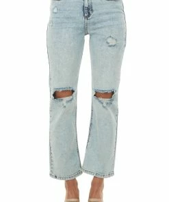 American Fit Bottoms Medium Acid Wash High Rise Distressed Straight Jeans