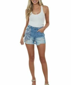 Easel Medium Acid Wash High Rise Paisley Patch Shorts