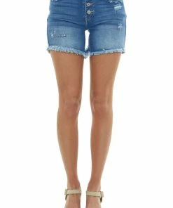 KanCan Medium Button Up Denim Shorts With Frayed Hem