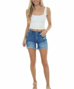 KanCan Medium Button Up Denim Shorts With Frayed Hem