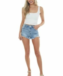 Trend Notes Medium Distressed Hem High Waisted Shorts Bottoms