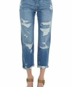 American Fit Medium High Rise Destructed Boyfriend Jeans Bottoms