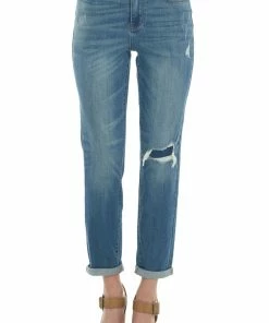 Judy Blue Medium High Rise Shredded Knee Boyfriend Jeans