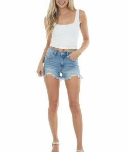 Special A Bottoms Medium Light Wash Frayed Denim Shorts