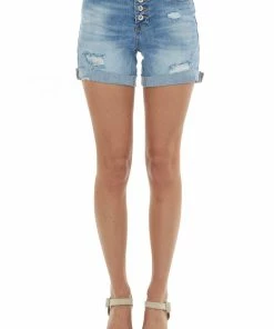 Special A Bottoms Mid Wash Button Fly High Rise Denim Shorts