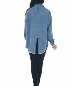 Umgee Medium Wash Button Up Frayed Hem Denim Top