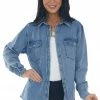 Umgee Medium Wash Button Up Frayed Hem Denim Top