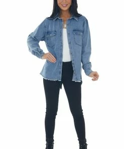 Umgee Medium Wash Button Up Frayed Hem Denim Top