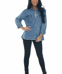 Umgee Medium Wash Button Up Frayed Hem Denim Top