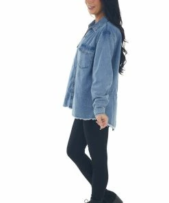 Umgee Medium Wash Button Up Frayed Hem Denim Top