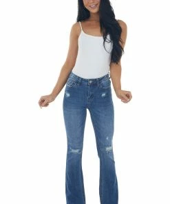 I&M Dark Wash Distressed High Rise Flare Jeans Bottoms
