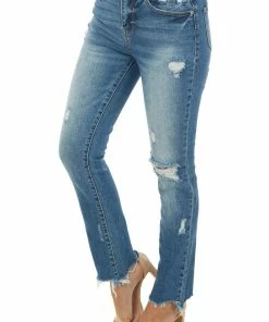 Special A Medium Wash Frayed High Rise Relaxed Jeans