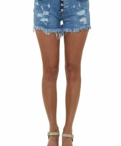 I&M Bottoms Medium High Rise Button Fly Distressed Shorts