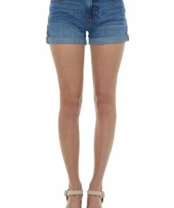 KanCan Bottoms Medium High Waisted Cuffed Hem Denim Shorts