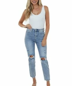 I&M Bottoms Medium Wash High Rise Distressed Boyfriend Jeans