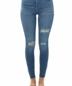 Cello Jeans Medium Wash High Rise Distressed Jeans With Raw Hem Bottoms