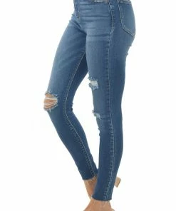 Cello Jeans Medium Wash High Rise Distressed Jeans With Raw Hem Bottoms