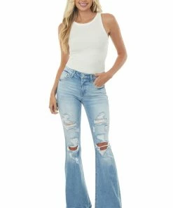 Cello Jeans Medium Wash High Rise Flare Distressed Jeans