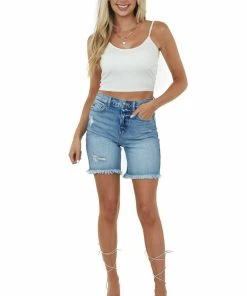 Cello Jeans Bottoms Medium Wash High Rise Frayed Hem Bermuda Shorts