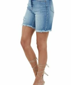 Cello Jeans Bottoms Medium Wash High Rise Frayed Hem Bermuda Shorts