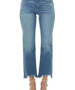 American Fit Bottoms Medium Wash High Rise Frayed Hem Straight Jeans