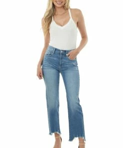 American Fit Bottoms Medium Wash High Rise Frayed Hem Straight Jeans