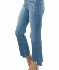 American Fit Bottoms Medium Wash High Rise Frayed Hem Straight Jeans