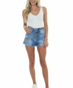 Hayden Medium Wash High Rise Paper Bag Waist Shorts Bottoms 9 Hayden Medium Wash High Rise Paper Bag Waist Shorts Bottoms