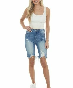 Risen Bottoms Medium Wash High Rise Torn Bermuda Shorts 9 Risen Bottoms Medium Wash High Rise Torn Bermuda Shorts