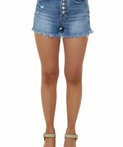 Vervet Medium Wash High Waisted Button Fly Frayed Shorts