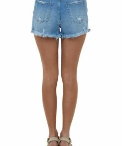 I&M Medium Wash Lightly Distressed Frayed Hem Shorts
