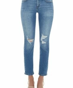 KanCan Bottoms Medium Wash Mid Rise Distressed Straight Jeans